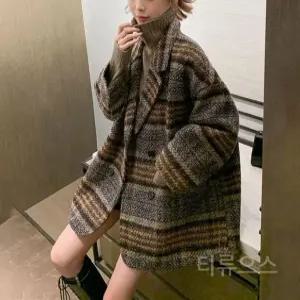 티류으스 여성 겨울 체크패턴 울코트 중장점 오버핏 자켓 Lyw