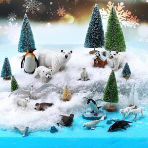 제리 34개 북극 동물 피규어 세트 디오라마 키트 15극 9그루 소나무 4개 빙산 1개 이글루 가짜 눈 담요 블루 티슈 페이퍼 리얼리스틱 바다 미니어처 프로젝트 선물