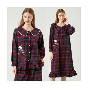 헬로키티 기모체크잠옷 산리오 여성 면 홈웨어 우정 파자마파티 생일 선물 긴팔 여행 기념일