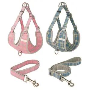 쓰리몰 강아지 산책 리드줄 하네스세트 체크패턴 소형견용 목줄 가슴줄 세트