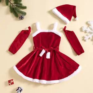 프리미엄 어린이 크리스마스 벨벳 산타드레스 크리스마스 원피스 모자세트
