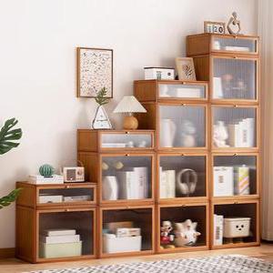 대나무 원목 다용도 수납장 적층형 인테리어 브라운 소형