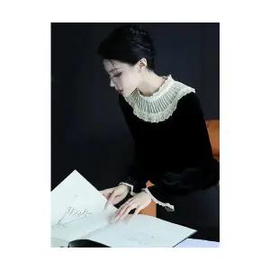 여성 블라우스 레이스 프릴 셔츠 블랙 벨벳 가을 겨울 럭셔리 유니크하고 예쁜 오버핏 톱 MF4