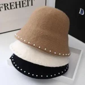 겨울벙거지 따듯한방한 모자 진주박힌챙 니트벙거지 버킷햇 벙거지 여성 겨울 할머니 패딩 방한 여자 모자