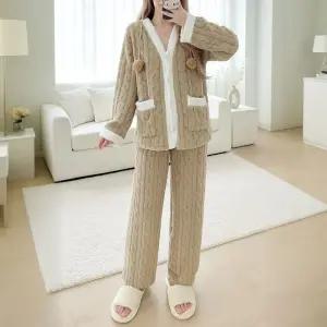 제니유 겨울 케이블 극세사 기모 가디건 수면 잠옷 세트 바지 홈웨어