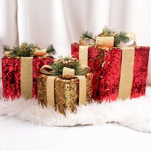 크리스마스 선물상자 대형 장식 3단 레드/골드 스팽글 솔방울 30cm 소품 용품 데코 이벤트 파티 꾸미기