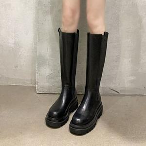 [디아]여성 라운드 가죽 키높이 통굽 롱부츠