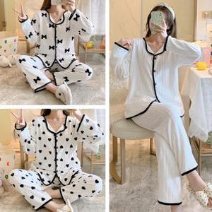 러빙리 여성 겨울 극세사 수면 잠옷 홈웨어 하트 화이트 파자마 세트