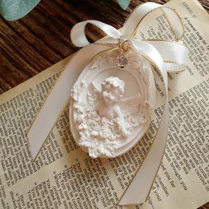 큐빅 골드스티치 리본 아기천사 석고방향제 선물세트(오일5ml+이젤+선물상자)