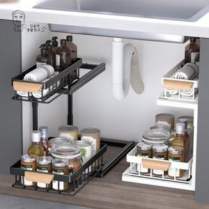 [김용석생활연구소]싱크대 2단 슬라이딩 수납 하부장 정리대 양념통 선반 다용도