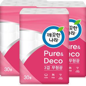 깨끗한나라 퓨어 앤 데코 3겹 화장지 30m 30롤 3팩 (90롤)