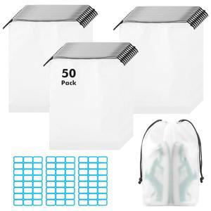 여행용 반투명 신발 가방 50팩 15.7인치 x 11.8인치 휴대용 드로스트링 대량, 라벨 스티커 포함 남녀용 플라스틱 방진 보관 포장용