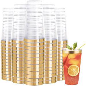 다얌미 100팩 골드 테두리 플라스틱 컵, 16온스 클리어 일회용 | 우아한 디자인 | 와인 잔 | 칵테일 잔 | 파티 컵 | 웨딩 컵 | 음료 텀블러