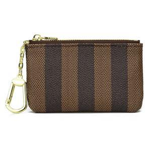 여성용 WOZEAH 가죽 동전 지갑 스트라이프 남성용 휴대용 소형 열쇠고리 파우치 교환 카드 홀더(B-스트라이프 브라운)