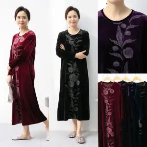 엄마옷 마미소 줄기꽃 벨로아 원피스 벨벳 롱 홈드레스 국산 할머니 빅사이즈 40 70 마담 중년 여성 옷