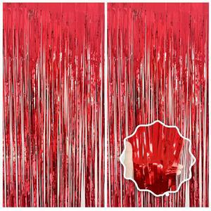 2팩 레드 스트리머 파티 배경 호일 프린지 커튼 사진 부스 소품 생일 크리스마스 결혼식 카니발 카지노 테마 축하 바첼로렛 장식