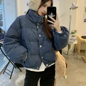 데님 패딩 하이넥 숏패딩 여성 점퍼 밴딩 아방핏