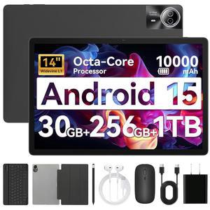 URAO 태블릿 14인치 안드로이드 15 30GB RAM 256GB ROM 1920 * 1200 IPS FHD 10000mAh 30W 고속 충전 옥타코어 프로세서 와이파이 6, BT 5.4 듀얼 카메라(키보드 마우스 스타일러스 케이스 헤드폰 포함)