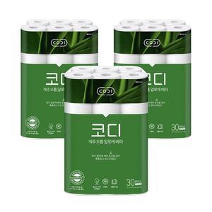 [코디] 제주 오름 알로에베라 화장지 30m30롤 3팩(천연펄프, 무형광, 로션)