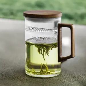 내열 유리 티머그 400ml 호두나무 뚜껑 손잡이컵/찻잔/내열유리/머그컵/있는/유리컵/컵뚜껑/머그잔/뚜껑있