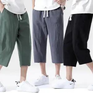 남성 여름 허리 밴딩 통기성 편안한 린넨 7부 바지 남자바지 남자조거바지 남자와이드팬츠