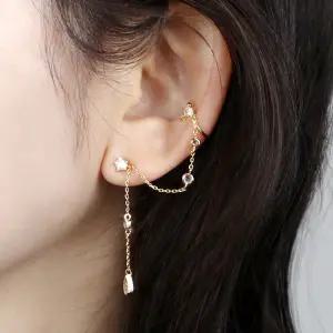 실루엣 이어커프 와 귀걸이 동시에 실버925 은침사용 3color 체인이 연결된 귓바퀴 체인 롱 귀찌