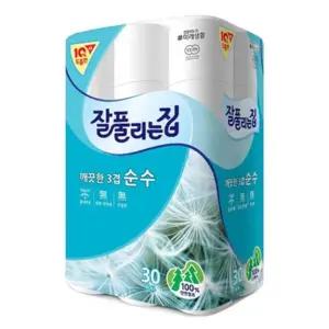 잘풀리는집 3겹 순수 롤 화장지 30롤 두루마리 휴지/대용량/롤휴지/가정용/사무실/화장실/가정/부드러운
