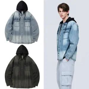 인터크루 남녀공용 스톤 워싱 후드 탈부착 데님 긴팔 셔츠 ITZ3YE31A
