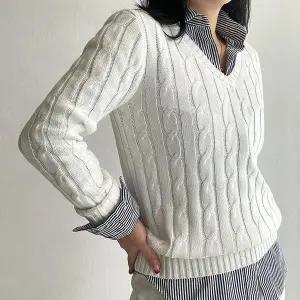 [네모샵] 브이넥케이블 여성용 클래식 스탠다드 꽈배기 짜임 코튼 면 브이넥 니트 스웨터_P408410098