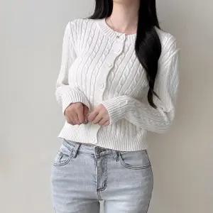 라운드넥 꽈배기 니트 가디건 스웨터