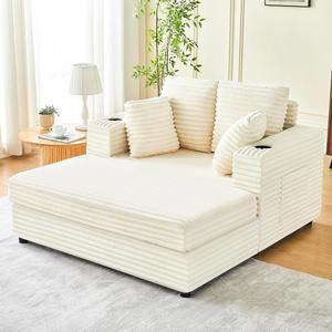 IVOKO 체이스 라운지 의자 실내, 59인치 오버사이즈 라운지(우드 프레임 포함), 플러시 인조 모피 의자(던져지는 베개 및 컵 홀더 거실용 덮개가 있는 침대형 소파, 침실, 베이지