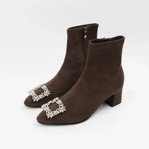 [신난다슈]여성 앵클 부츠 힐 5cm 여자 숏 스판 앵글 부츠 사각 큐빅 스웨이드 발편한 통굽 BL255005브라운