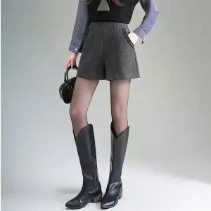 EAMT 여성 추동 하이웨스트 반바지 그레이 일자 와이드 바지 오피스룩 모직 캐주얼 YJ4