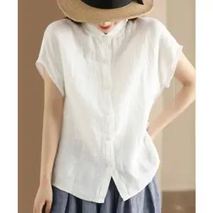 EAMT 여성셔츠 여름 보카시 인형칼라 루즈핏 카라넥 캡소매 톱 싱글 블라우스 YJ5