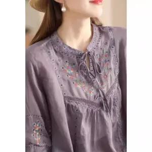 EAMT 여성셔츠 헤비 자수 모시 셔츠 루즈핏 라운드넥 스트링 펀칭 패치 블라우스 YJ5