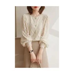 EAMT 여자블라우스 플라워 퍼프 소매 레이스 상의 추동 펀칭 셔츠패치 라운드 화이트 셔츠 YJ4