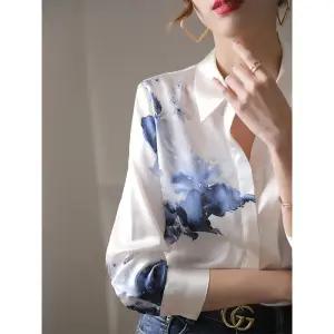 EAMT 여성블라우스 새틴 실크 화이트 셔츠 수묵프린트 헤비 긴팔 YJ4
