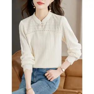 EAMT 여성블라우스 상의 추동 긴팔 레이스 반버튼 빈티지 베이지 셔츠 YJ4