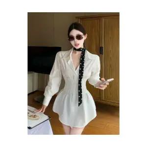 EAMT 여성 추동 숄카라 싱글 긴팔 셔츠+레이스 벨트 버클 YJ4