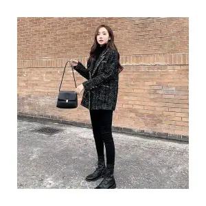 EAMT 여자 정장 자켓 추동 루즈핏 체크 모직 코트 트위드 패치 YJ4