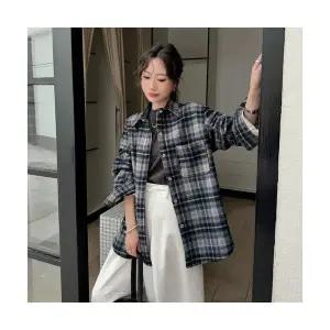 EAMT 여성 기모 체크 셔츠 겨울 빈티지 터틀넥 덧장 긴팔 상의 YJ4