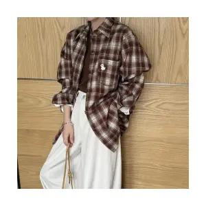 EAMT 여성 기모 체크 셔츠 겨울 포켓 입체 자수 상의 레이어드 YJ4