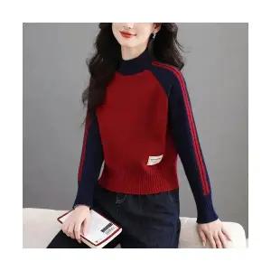EAMT 여성 가을 겨울 배색 스웨터 하이웨스트 쇼트 반폴라 니트 도톰 YJ4
