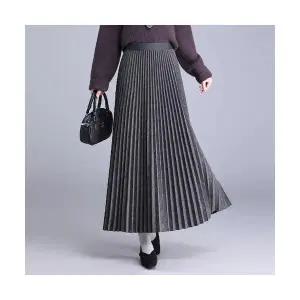 EAMT 여성 프린트 모직 플리츠 스커트 겨울 하이웨스트 슬림핏 도톰한 롱 YJ4