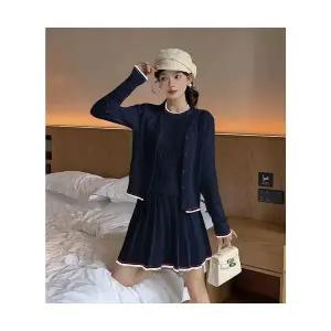 EAMT 여성 라운드 니트 가을 겨울 하이웨스트 A라인 플리츠 스커트 카디건 YJ4