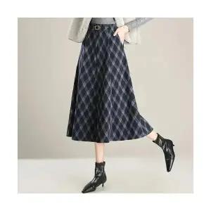 EAMT 여성 체크 스커트 가을 겨울 중기장 플리츠 하이웨스트 A라인 YJ4