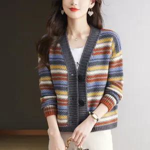 EAMT 여성가디건 레인보우 스트라이프 숏 니트 코트 추동 가디건 아우터 YJ4