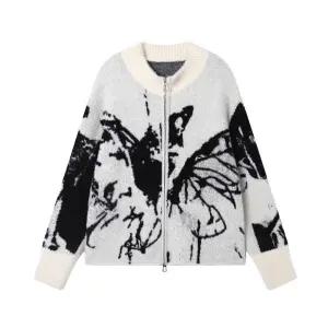 EAMT 여성가디건 스웨터 추동 나비 자카드 루즈핏 집업 니트 아우터 소공인 YJ4