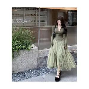 EAMT 여자정장세트 세트 추동 지퍼 집업 긴팔 슬림 티셔츠 이너 망사 스커트 투피스 YJ4