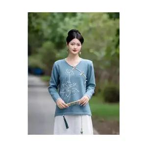 EAMT 여성 추동 빈티지 입체 꽃 자수 스웨터 브이넥 긴팔 니트 YJ4